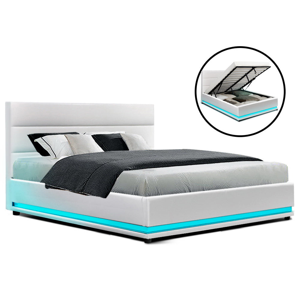 Artiss Lumi LED Gas Lift Bed Frame — Double Storage Base with LED Lighting, White