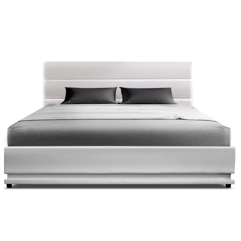 Artiss Lumi LED Gas Lift Bed Frame — Double Storage Base with LED Lighting, White