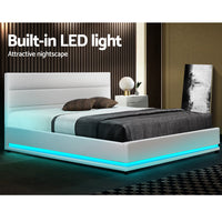 Artiss Lumi LED Gas Lift Bed Frame — Double Storage Base with LED Lighting, White