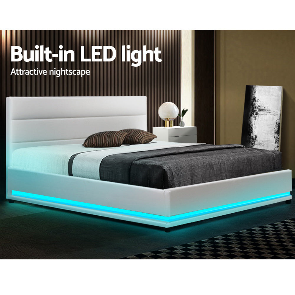 Artiss Lumi LED Gas Lift Bed Frame — Double Storage Base with LED Lighting, White