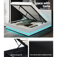 Artiss Lumi LED Gas Lift Bed Frame — Double Storage Base with LED Lighting, White
