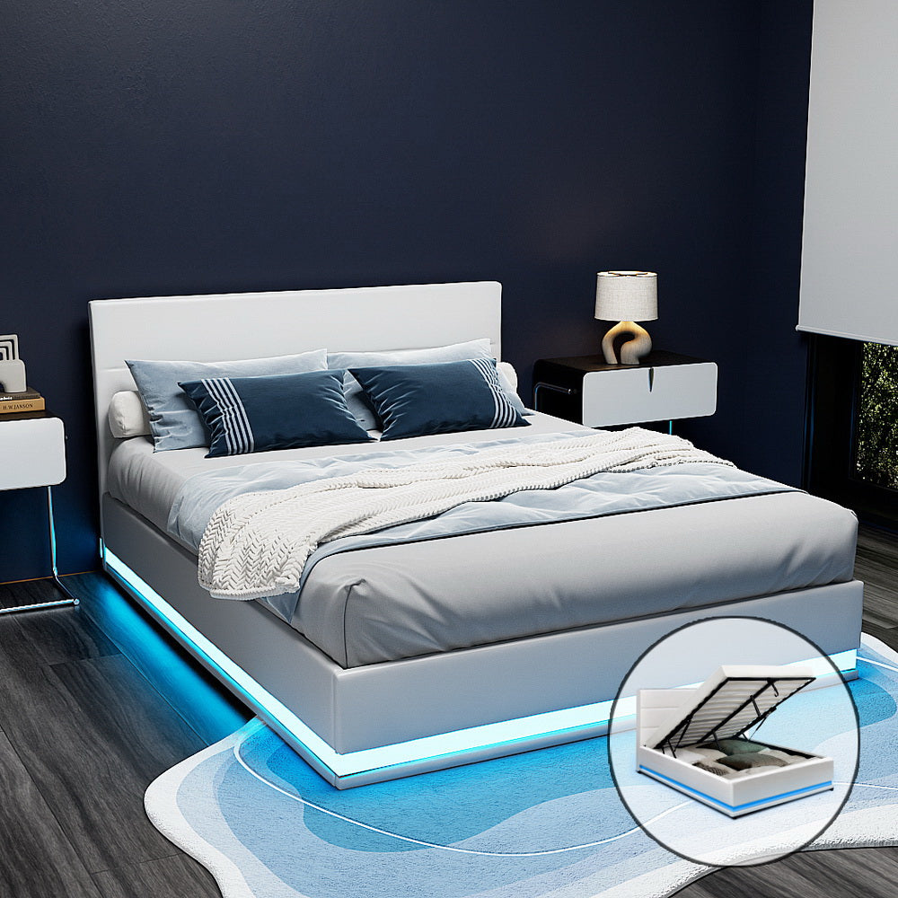 Artiss Lumi LED Gas Lift Bed Frame — Double Storage Base with LED Lighting, White