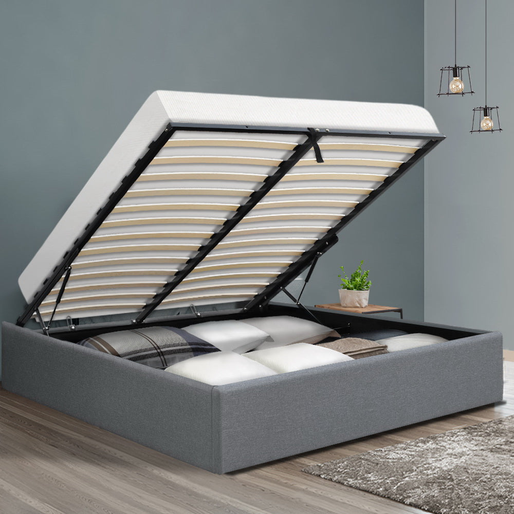 Artiss Toki Gas Lift Bed Frame — Double with Under-Bed Storage, Grey