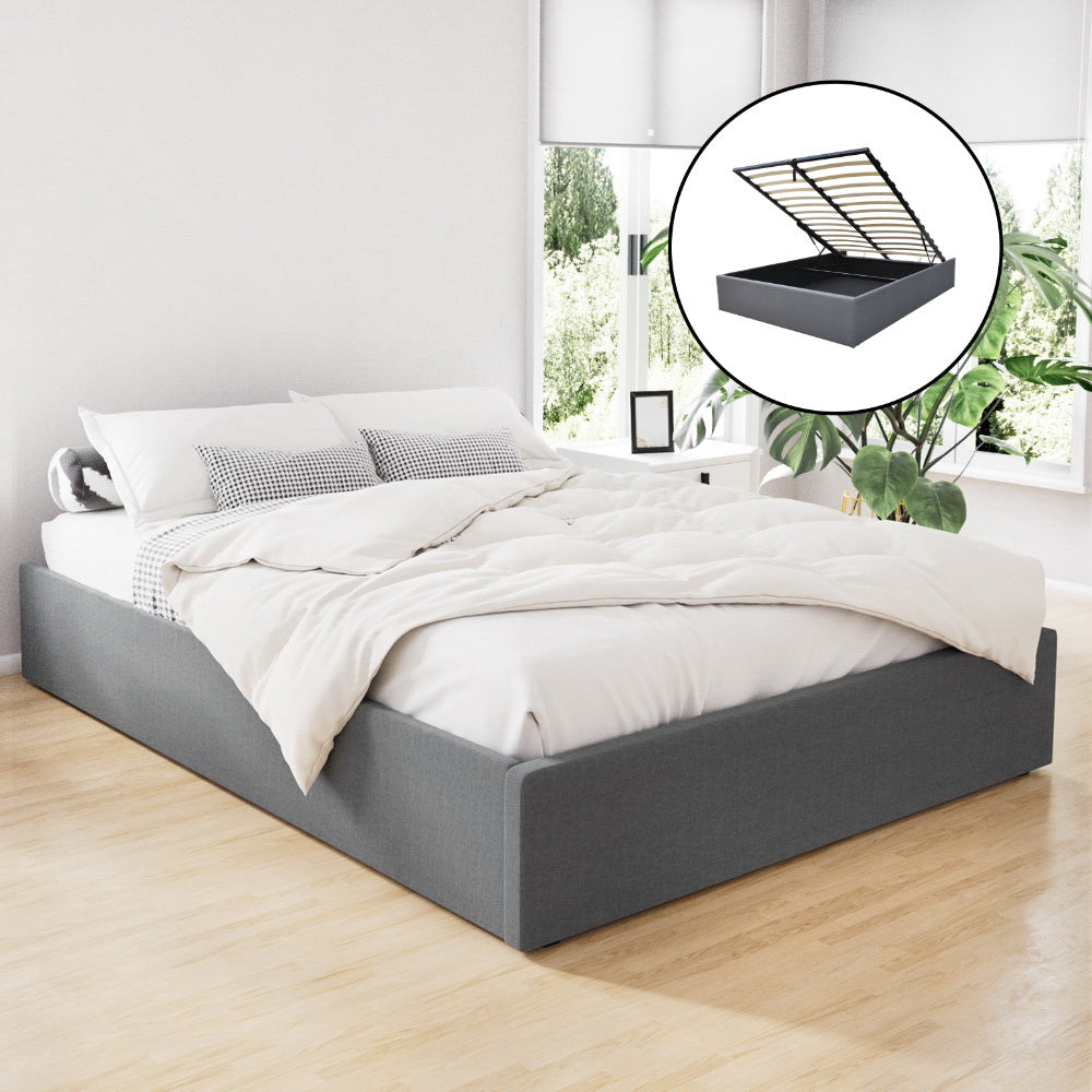 Artiss Toki Gas Lift Bed Frame — Double with Under-Bed Storage, Grey