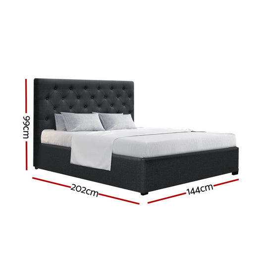 Artiss Vila Gas Lift Bed Frame — Double Linen Storage Base, Charcoal