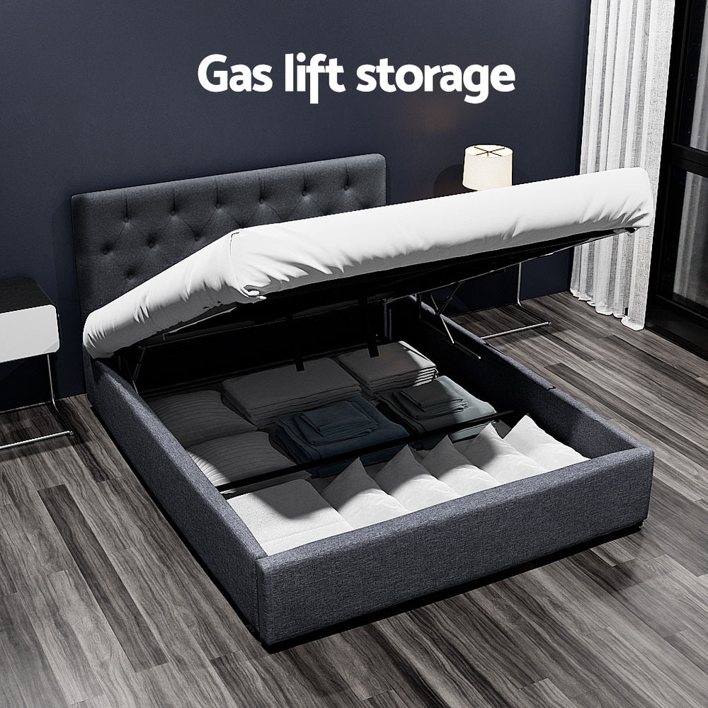 Artiss Vila Gas Lift Bed Frame — Double Linen Storage Base, Charcoal