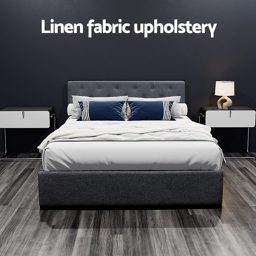 Artiss Vila Gas Lift Bed Frame — Double Linen Storage Base, Charcoal