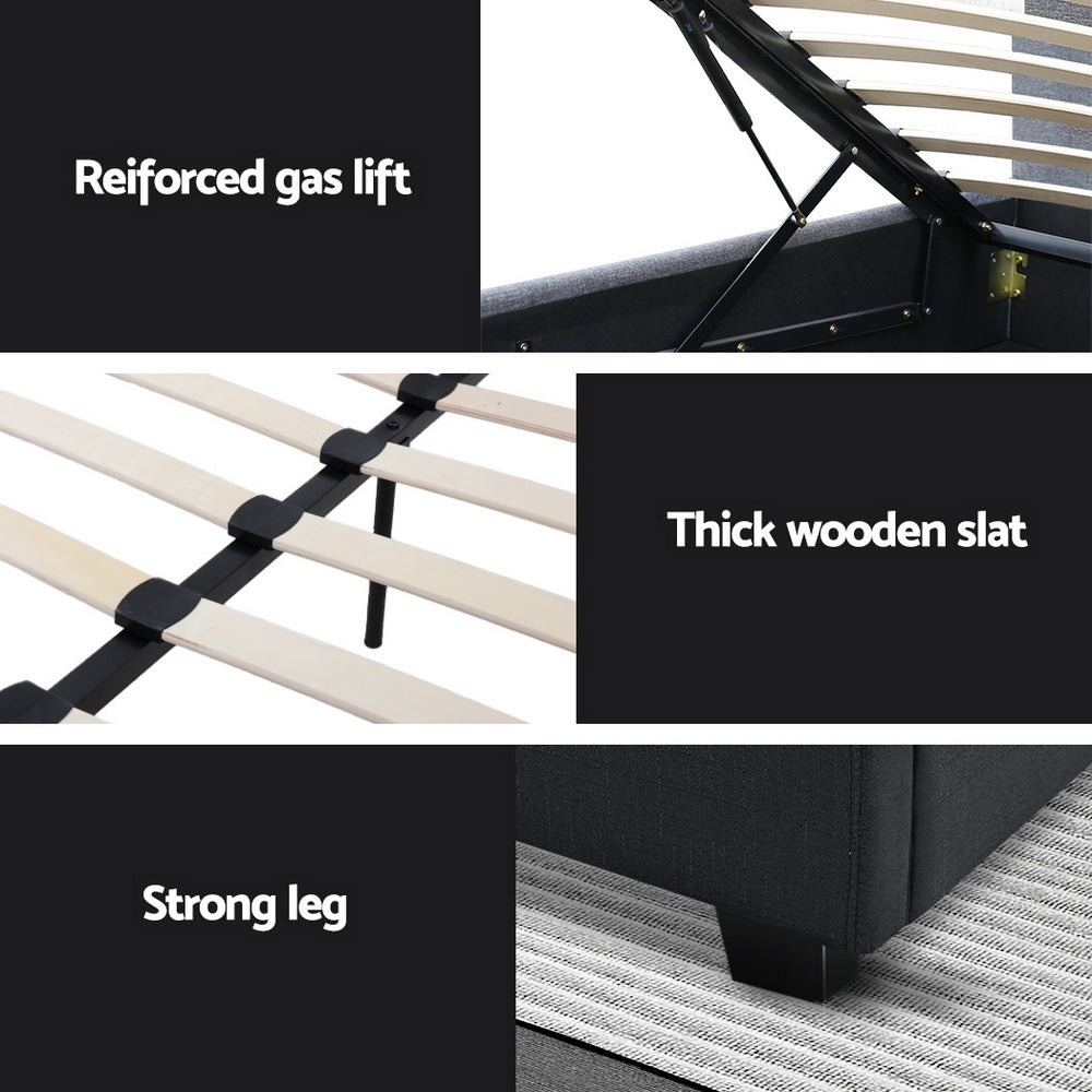 Artiss Vila Gas Lift Bed Frame — Double Linen Storage Base, Charcoal
