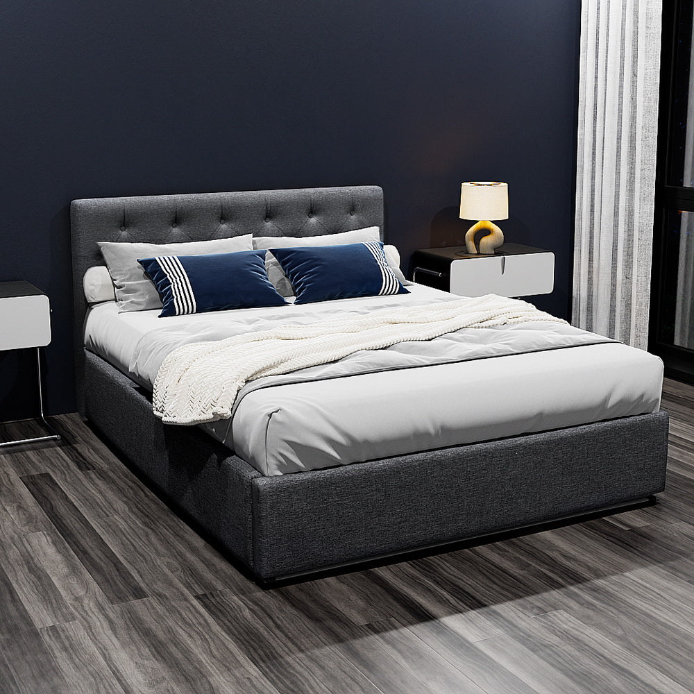 Artiss Vila Gas Lift Bed Frame — Double Linen Storage Base, Charcoal
