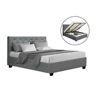 Artiss Vila Gas Lift Bed Frame — Double Linen Storage Base, Grey