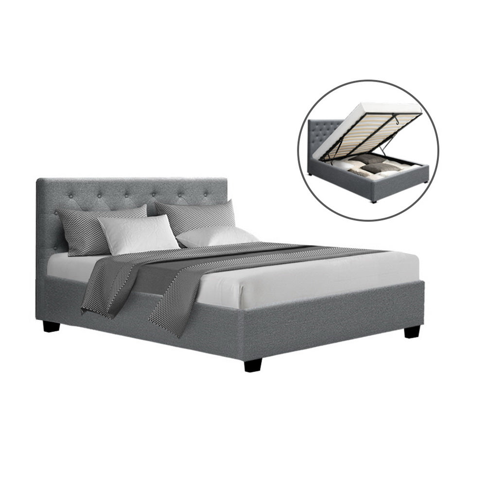 Artiss Vila Gas Lift Bed Frame — Double Linen Storage Base, Grey
