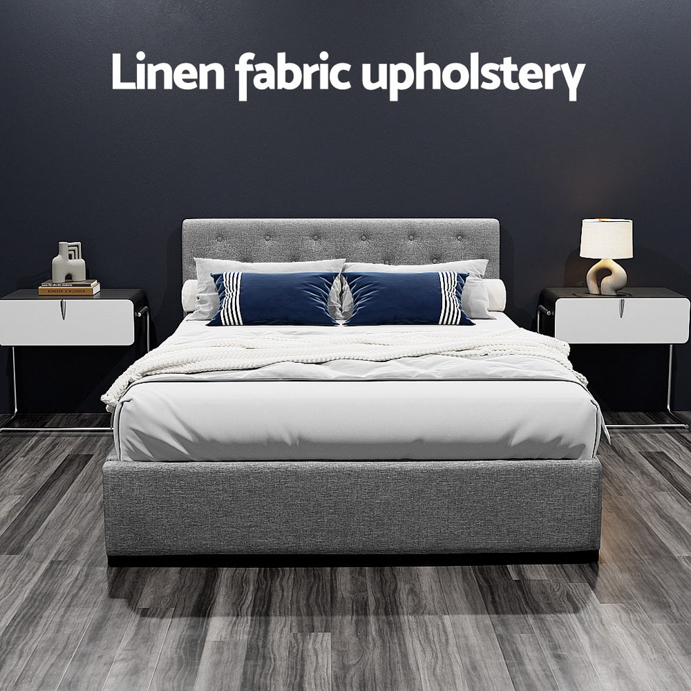 Artiss Vila Gas Lift Bed Frame — Double Linen Storage Base, Grey