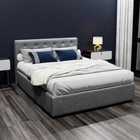 Artiss Vila Gas Lift Bed Frame — Double Linen Storage Base, Grey