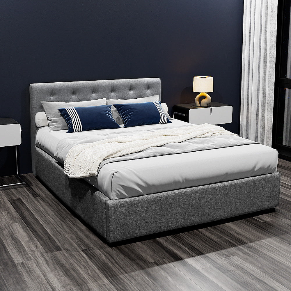Artiss Vila Gas Lift Bed Frame — Double Linen Storage Base, Grey