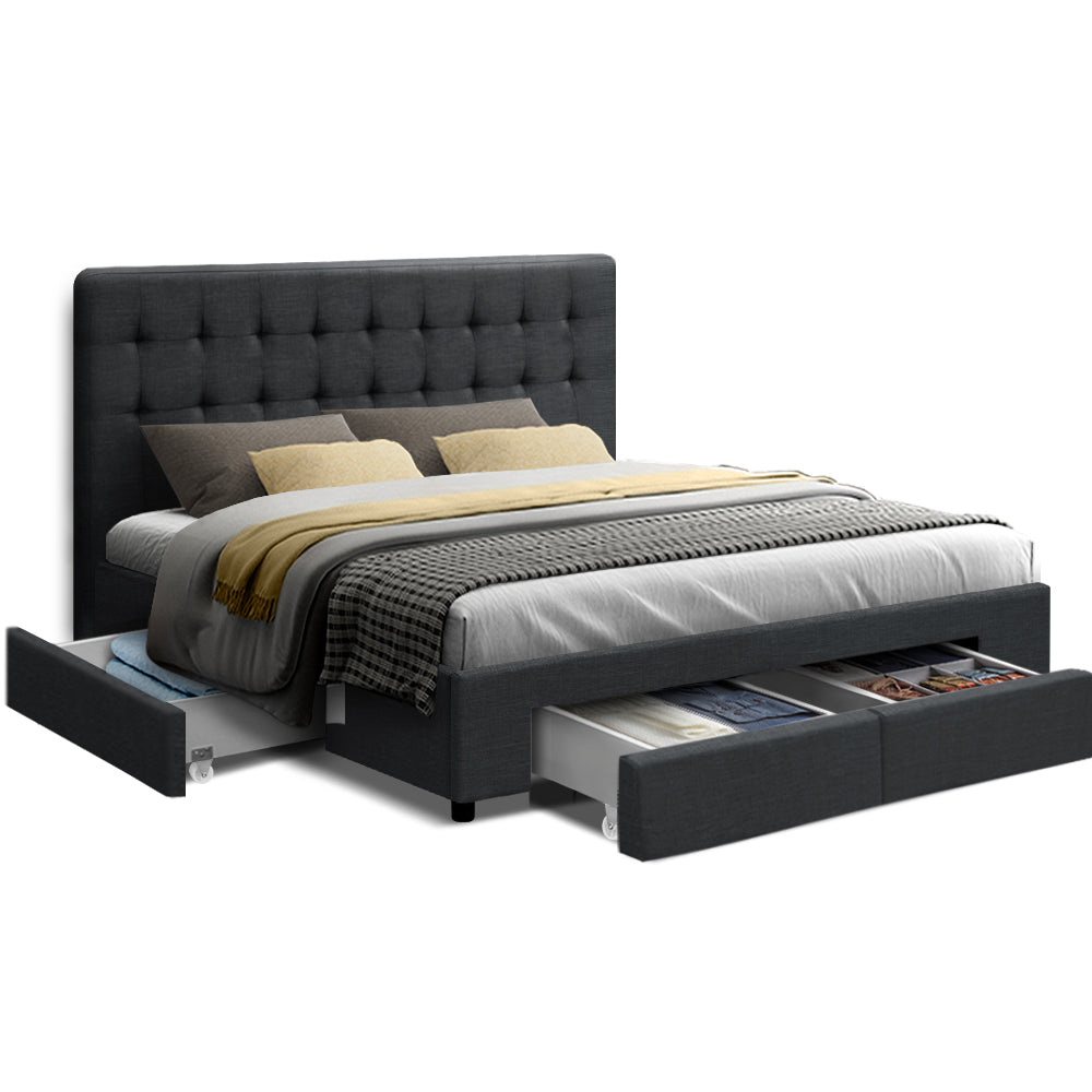 Artiss Avio Bed Frame with 4 Drawers — Double Storage Base, Charcoal