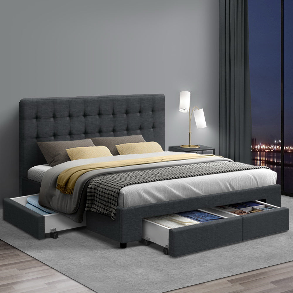 Artiss Avio Bed Frame with 4 Drawers — Double Storage Base, Charcoal