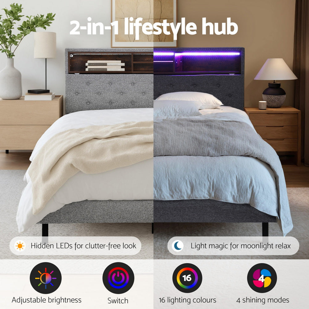 Artiss Midnight LED Storage Bed Frame — Double with Hidden Shelf & RGB Lighting, Grey