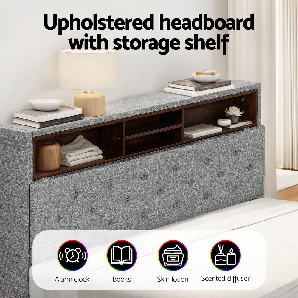 Artiss Midnight LED Storage Bed Frame — Double with Hidden Shelf & RGB Lighting, Grey