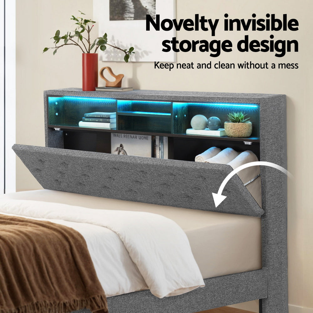 Artiss Midnight LED Storage Bed Frame — Double with Hidden Shelf & RGB Lighting, Grey