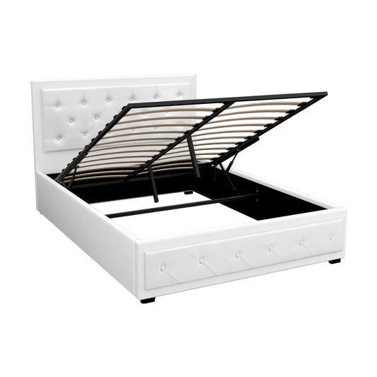 Artiss Tiyo Gas Lift Bed Frame — Double PU Leather Storage Base, White
