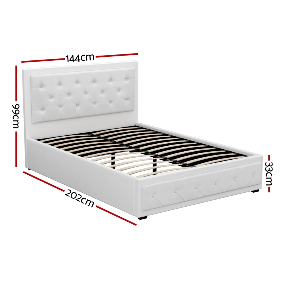 Artiss Tiyo Gas Lift Bed Frame — Double PU Leather Storage Base, White