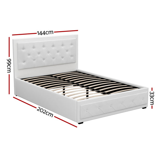 Artiss Tiyo Gas Lift Bed Frame — Double PU Leather Storage Base, White