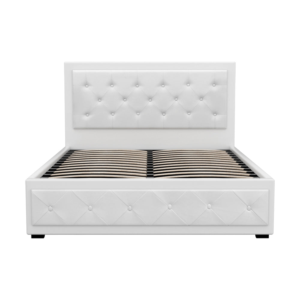 Artiss Tiyo Gas Lift Bed Frame — Double PU Leather Storage Base, White