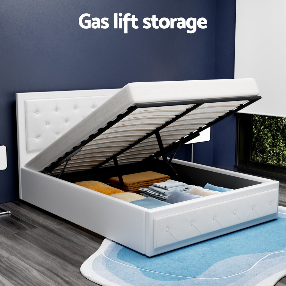 Artiss Tiyo Gas Lift Bed Frame — Double PU Leather Storage Base, White