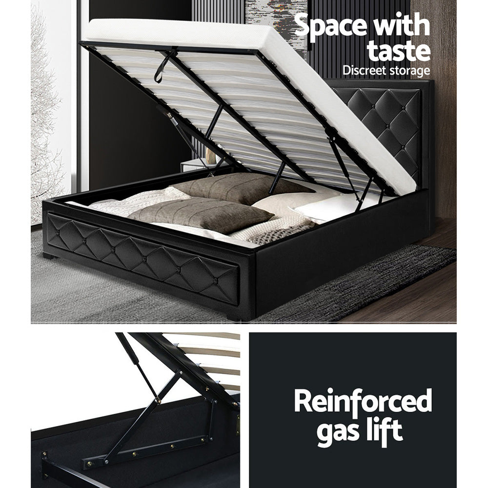 Artiss Tiyo Gas Lift Bed Frame — Double PU Leather Storage Base, Black