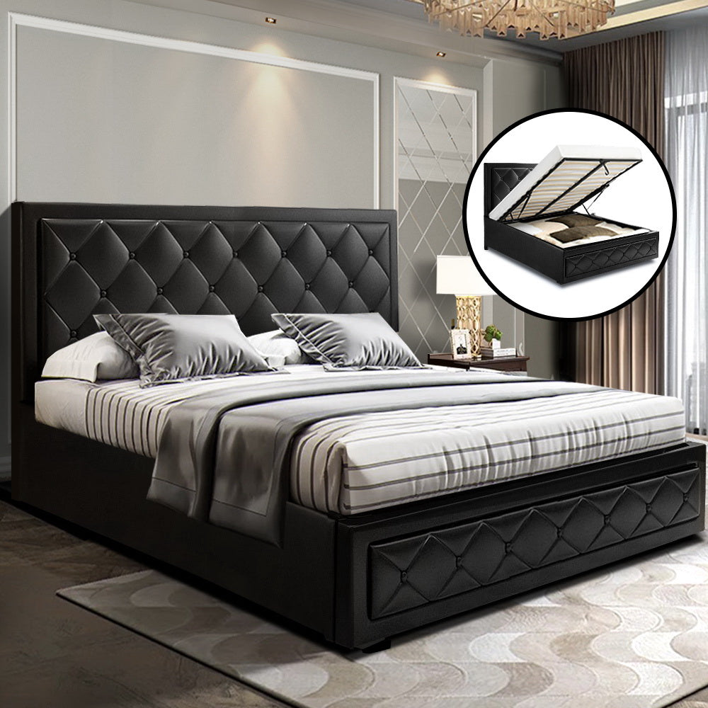 Artiss Tiyo Gas Lift Bed Frame — Double PU Leather Storage Base, Black