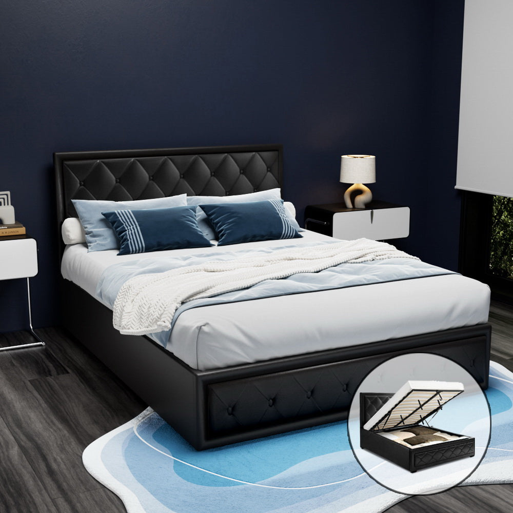 Artiss Tiyo Gas Lift Bed Frame — Double PU Leather Storage Base, Black