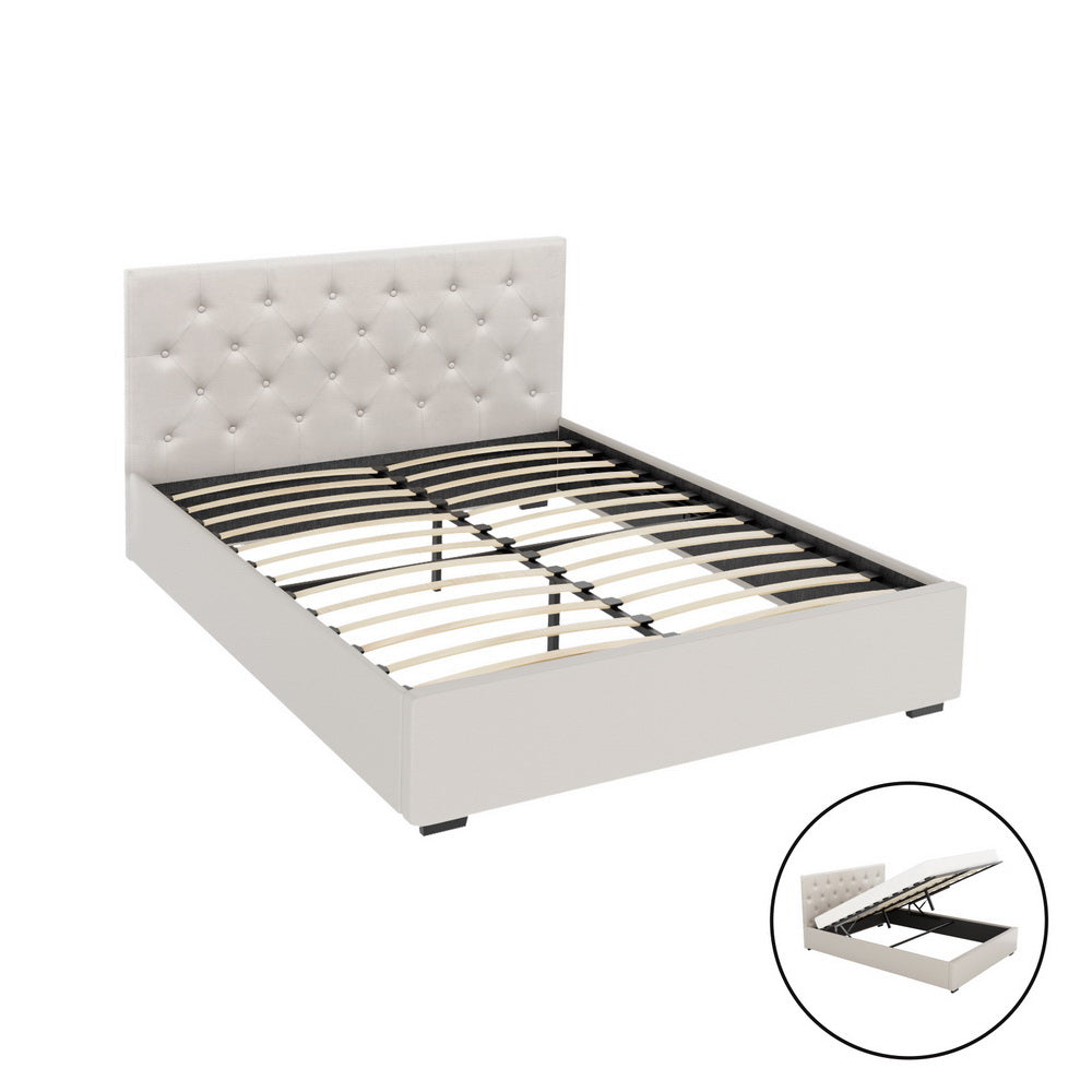 Artiss Vila Gas Lift Bed Frame — Double Linen Storage Base, Beige