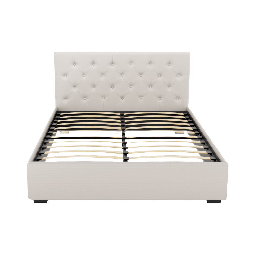 Artiss Vila Gas Lift Bed Frame — Double Linen Storage Base, Beige
