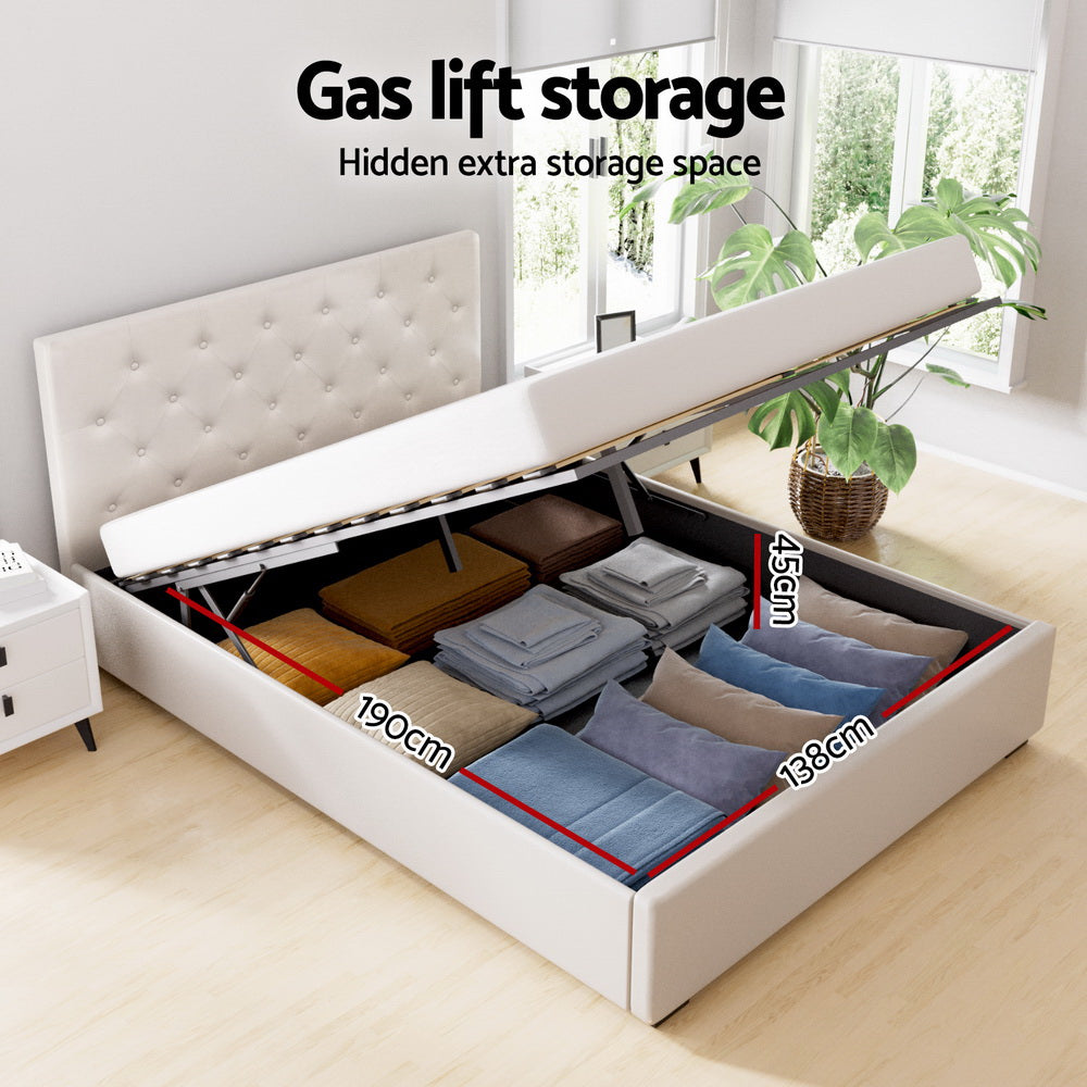Artiss Vila Gas Lift Bed Frame — Double Linen Storage Base, Beige