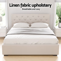 Artiss Vila Gas Lift Bed Frame — Double Linen Storage Base, Beige