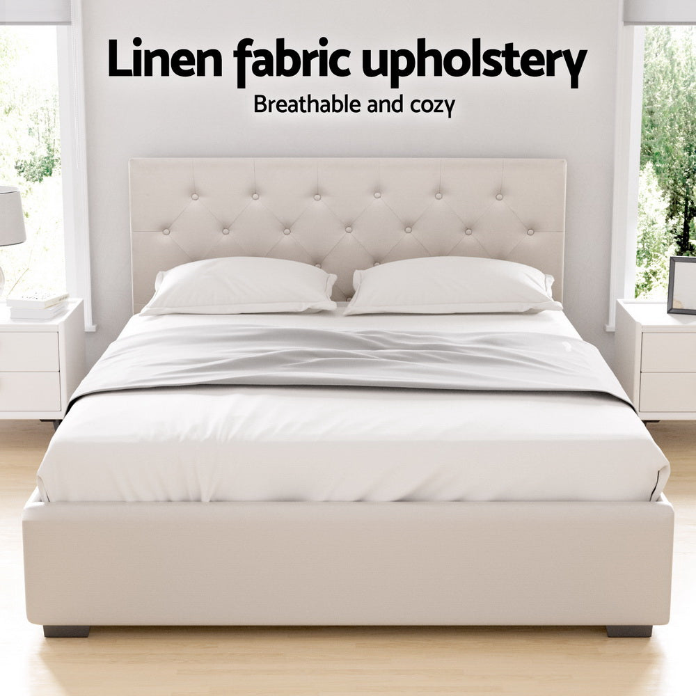 Artiss Vila Gas Lift Bed Frame — Double Linen Storage Base, Beige