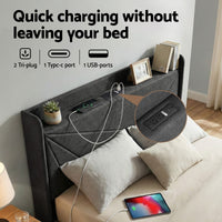 Artiss Double Bed Frame Gas Lift Storage Bed with Charging Ports Upholstered Geometric Headboard Charcoal Grey