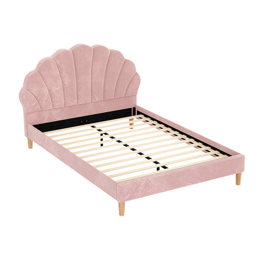Artiss Rosy Scallop Bed Frame — Double Pink Velvet Upholstered Headboard