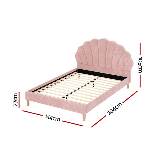 Artiss Rosy Scallop Bed Frame — Double Pink Velvet Upholstered Headboard
