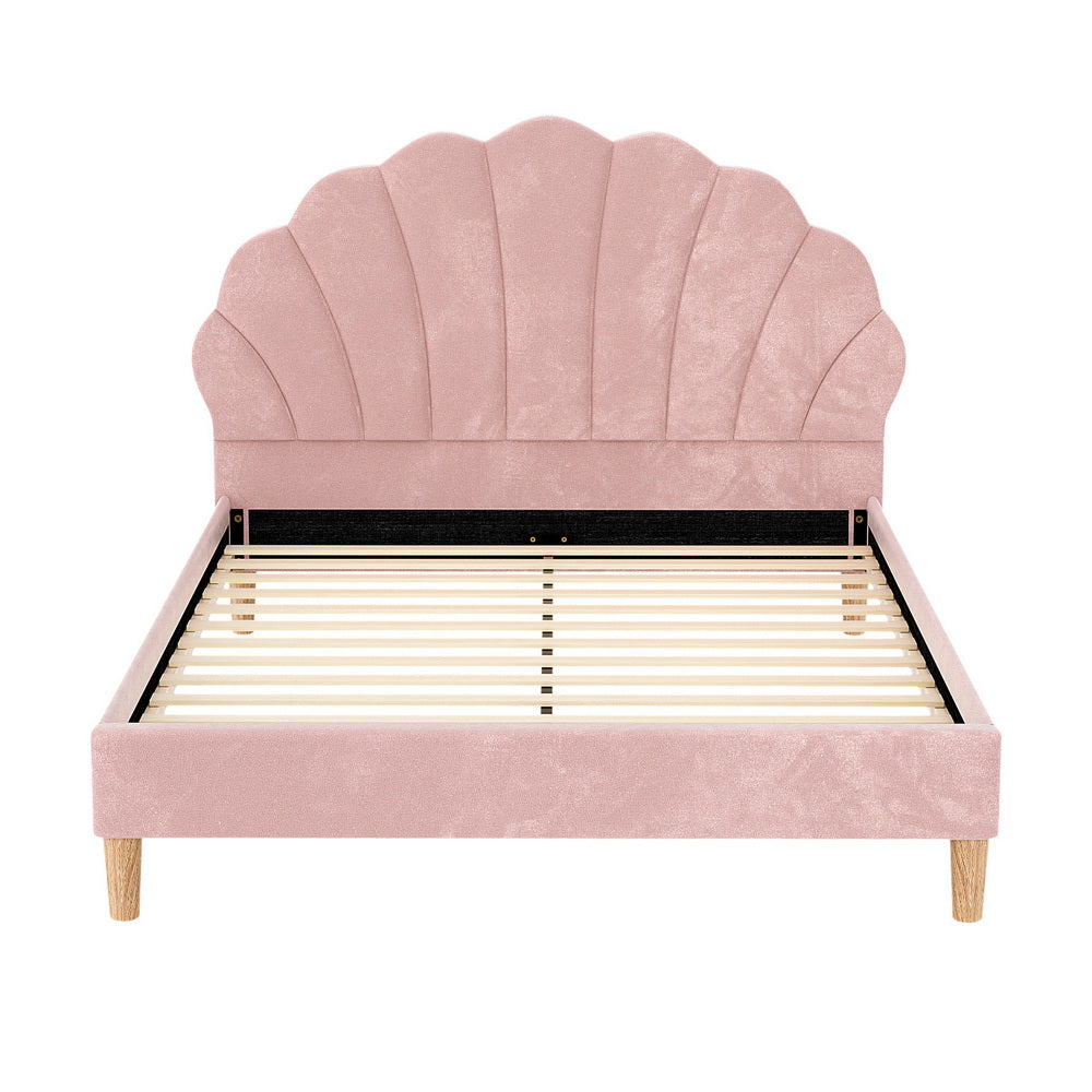 Artiss Rosy Scallop Bed Frame — Double Pink Velvet Upholstered Headboard