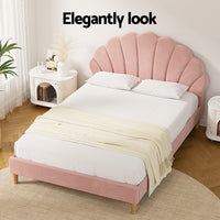 Artiss Rosy Scallop Bed Frame — Double Pink Velvet Upholstered Headboard