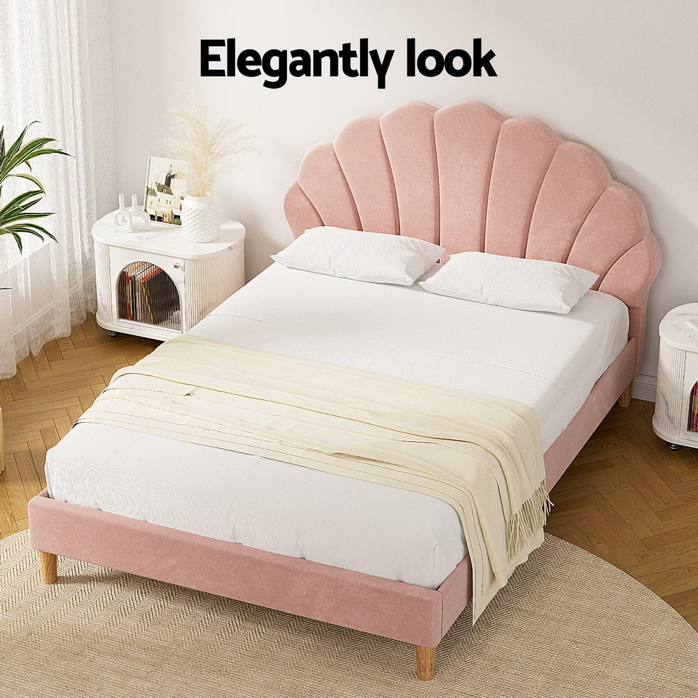 Artiss Rosy Scallop Bed Frame — Double Pink Velvet Upholstered Headboard