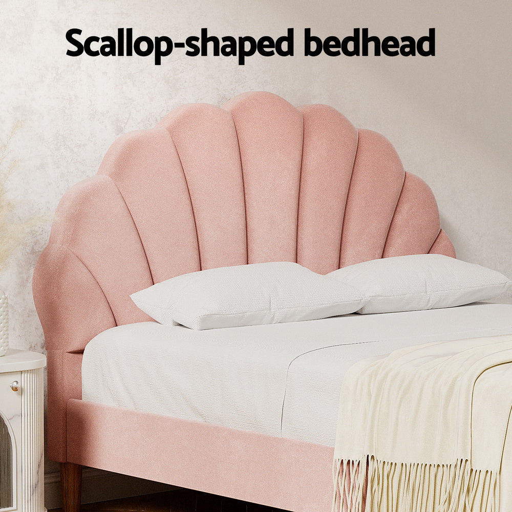 Artiss Rosy Scallop Bed Frame — Double Pink Velvet Upholstered Headboard