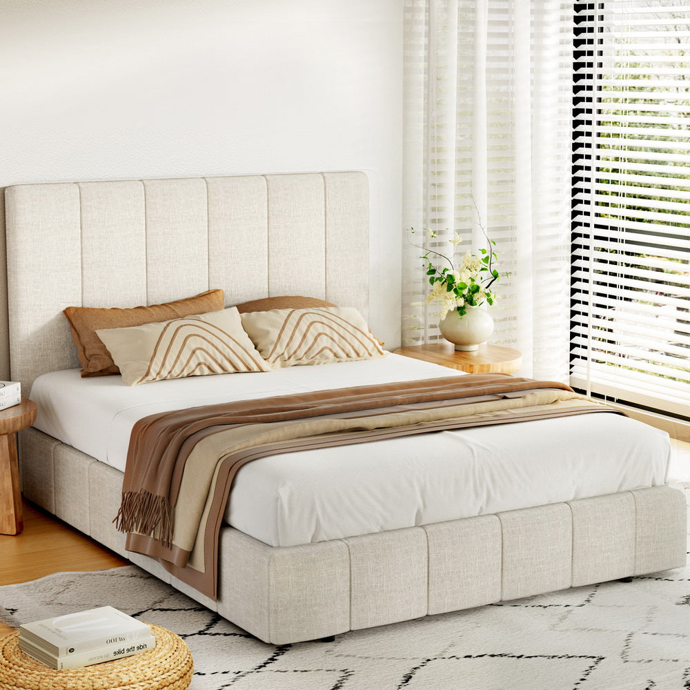 Tette Upholstered Bed Frame — Double, Beige