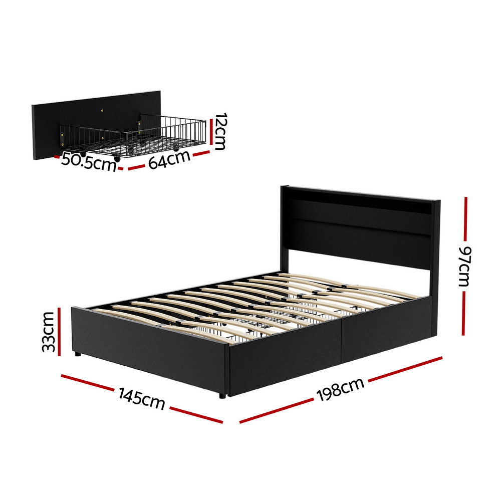 Artiss Dunn LED Bed Frame with 4 Drawers — Double PU Leather Storage Base, Black