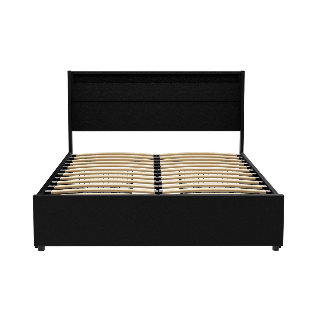 Artiss Dunn LED Bed Frame with 4 Drawers — Double PU Leather Storage Base, Black