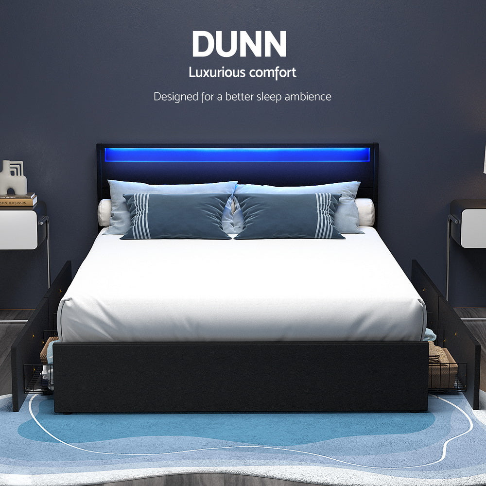Artiss Dunn LED Bed Frame with 4 Drawers — Double PU Leather Storage Base, Black