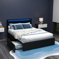 Artiss Dunn LED Bed Frame with 4 Drawers — Double PU Leather Storage Base, Black