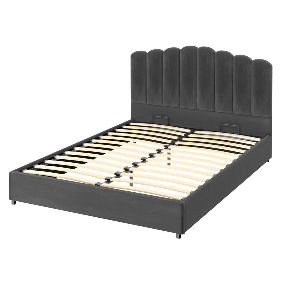 Fion Velvet Gas Lift Bed Frame — Double, Grey