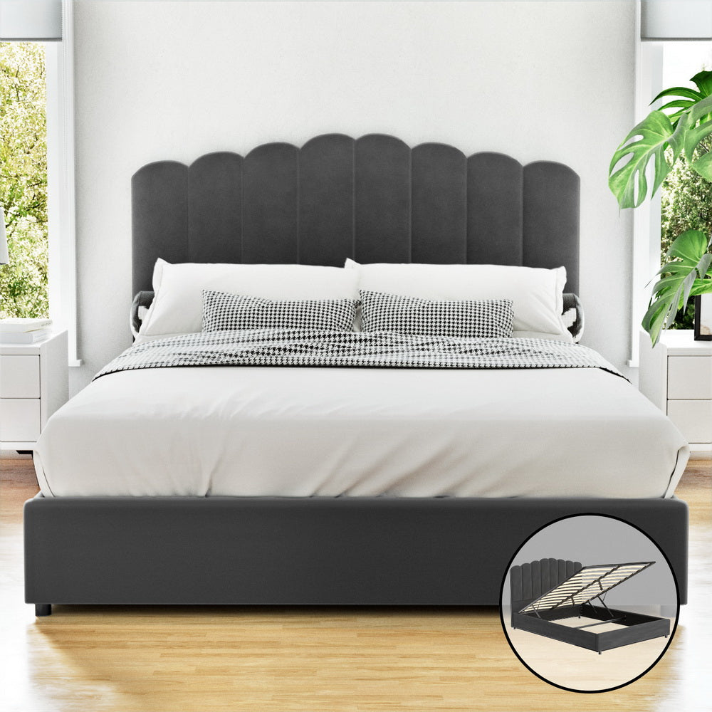 Fion Velvet Gas Lift Bed Frame — Double, Grey